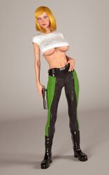 1girls 3d abbey_chase athletic beauty_mark big_breasts blonde_hair bob_cut boots busty clothed crop_top danger_girl desert_eagle green_eyes gun handgun leather_boots lethalcandy lipstick navel no_bra pants pistol pistol_in_hand secret_agent t-shirt underboob white_shirt