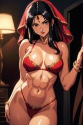 1girls abs ai_generated bangle bindi black_hair earrings female female_only forehead_jewel gold_jewelry headwear hourglass_figure indian indian_female jewelry looking_at_viewer medium_breasts navel red_bra red_clothing red_underwear slim_waist solo solo_female standing thick_thighs underwear underwear_only wide_hips