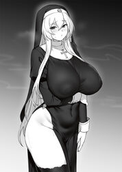 cleavage houtengeki huge_breasts looking_at_viewer nipples_visible_through_clothing nun nun's_habit original_character pelvic_curtain thick_thighs voluptuous wide_hips