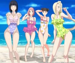 4girls artemisumi big_breasts boruto:_naruto_next_generations female female_only frilled_swimsuit green_one-piece_swimsuit green_swimsuit human hyuuga_hinata ino_yamanaka large_breasts milf multiple_girls naruto one-piece_swimsuit pink_hair pink_swimsuit print_swimsuit purple_swimsuit sakura_haruno small_breasts swimsuit tenten white_swimsuit