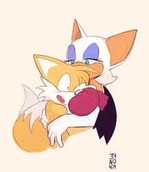 34no404 anthro big_breasts blush breasts female furry head_between_breasts hug male nipple_bulge rouge_the_bat size_difference smaller_male sonic_(series) tails