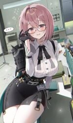 ... 1girls absurdres adjusting_eyewear armor black_gloves black_skirt blush breasts chama_(chacoc0) female female_only flying_sweatdrops gloves high-waist_skirt highres indoors large_breasts long_hair looking_at_viewer office_lady pencil_skirt pink_eyes pink_hair shirt shoulder_armor sitting skirt solo spoken_ellipsis sweatdrop tsukishiro_yanagi white_shirt zenless_zone_zero