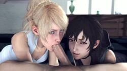 1boy 2girls 3d animated blonde_hair blue_eyes brown_eyes brown_hair clothed clothed_female_nude_male collaborative_fellatio cum_in_mouth cum_on_tongue ejaculation erection evilaudio fellatio final_fantasy final_fantasy_xv group iris_amicitia lazyprocrastinator longer_than_30_seconds lunafreya_nox_fleuret male_pov multiple_girls open_mouth oral penis penis_kiss penis_lick pov short_hair sound swallowing teamwork teenage_girl teenager threesome tongue tongue_out video