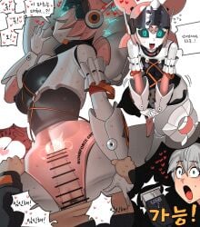 1boy 1girls angels_of_delusion aria_(zenless_zone_zero) aria_(zenless_zone_zero)_(robot_form) bar_censor breasts censored commentary_request cum female fertilization green_eyes heart highres humanoid_robot impregnation internal_cumshot joints korean_text mechanical_arms mechanical_legs medium_breasts ovum penis pillow robot robot_girl robot_joints sex speech_bubble ssoog straight usb vaginal_penetration wise_(zenless_zone_zero) wombforce zenless_zone_zero