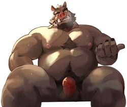 2018 5_fingers anthro balls barazoku beard biceps blush bodily_fluids curtis_wuedti erection facial_hair fingers humanoid_penis male male_only mammal muscular muscular_male navel nipples nude pecs penis sitting solo suid suina sus_(pig) sweat wild_boar