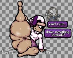 2d amysteriousmr brusha_(dandy's_world) dandy's_world dandys_world no_bottoms no_panties rodger_(dandy's_world) spread_legs sweat text thick_thighs
