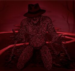 a_nightmare_on_elm_street all_red arms_outstretched background burnt chained chained_to_floor chains digital_media_(artwork) fanart fedora freddy_krueger hat_only hell hidden_eyes hotfiresu kneeling male naked_male nightmare_on_elm_street no_ai not_ai_generated nude_male red_body red_skin scared screaming shadowed_crotch shadowed_eyes uncensored