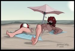 beach_background beach_ball beach_towel beach_umbrella breasts butt_first cat_ears cat_girl catgirl completely_nude_female dilated_pupils face_mask facemask gal_(monstergirllover45) gynesisx messy naked nipples nude nude_female quicksand red_eyes red_hair sand sinking sudden_realization surprised surprised_expression