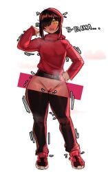 1girls black_hair blush braid braided_ponytail chainsaw_man clothed demon demon_girl female full_body hair_over_one_eye hand_on_hip hand_up long_hair nayuta_(chainsaw_man) ponytail shaved_pussy solo solo_female soora_draws_(artist) spiral_eyes x-ray yellow_eyes