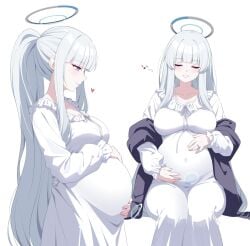 big_breasts blue_archive closed_eyes female female_only fully_clothed holding_belly long_hair maternity_clothes maternity_dress nightgown noa_(blue_archive) pale-skinned_female pale_skin ponytail pregnant purple_eyes reia_76 sitting solo very_long_hair wedding_ring white_hair wholesome