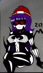 1girls angry_expression blush camarøzl1 doll_(murder_drones) female female_focus female_only glitch_productions looking_at_viewer marvel murder_drones purple_hair red_eyes russian_female simple_background sitting solo_female suit symbiote tagme venom_(cosplay) worker_drone