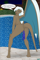 anus ass clothing delilah_(gargoyles) dialogue disney fab3716 female french_text gargoyle gargoyles hair looking_at_viewer looking_back membrane_(anatomy) membranous_wings nude outside pussy solo swimming_pool swimwear text white_hair wings