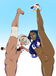 2girls :< abs anus aqua_eyes aquamarine_eyes areola ass barefoot bea_(pokemon) blue_eyes blush bottomless breasts cyan_eyes dark-skinned_female dark_blue_hair dark_skin exercise eye_contact feet female female_only gloves grey_eyes grey_hair gym_leader gymnast hair_band hoop_earrings human innie_pussy knee_pads leg_up long_hair looking_at_viewer matching_hair/eyes multicolored_hair multiple_girls muscular muscular_female navel nessa_(pokemon) nintendo no_pants no_pubes nude open_toe_shoes oversplit plump_vulva poke_ball pokeball pokemon pokemon_ss pose presenting_pussy puffy_pussy pussy shirt short_hair signal_dead silver_eyes silver_hair six_pack small_breasts splits sportswear spread_legs standing stomach thick_thighs toes uncensored vertical_splits vulva wide_hips