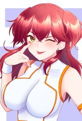 1girl 1girls :p ;p akanbe arm_strap artist_request bare_shoulders breasts commentary_request covered_collarbone crossed_bangs earrings eyelid_pull fanart female female_only female_villain freckles freckles_on_face ginger ginger_female ginger_hair gundam gundam_00 hair_between_eyes hand_up hazel_eyes highres huge_breasts impossible_clothes impossible_shirt jewelry large_breasts long_hair looking_at_viewer mobile_suit_gundam nena_trinity one_eye_closed pale-skinned_female pale_skin red-haired_female red_hair red_nails redhead redhead_female redheaded_female shirt sidelocks sleeveless sleeveless_shirt smile solo solo_female solo_focus standing stud_earrings tongue tongue_out twintails twintails_(hairstyle) two_side_up upper_body villainess white_shirt wristband yellow-eyed_female yellow_eyes yozora_(yaku)