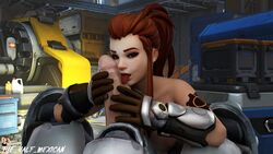 3d blender brigitte brown_eyes brown_hair duo fellatio female male oral overwatch penis pov reinhardt straight tattoo the_halfmexican watchpoint:_gibraltar_(map)