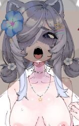 1boy 3am absurdres animal_ears blue_eyes blue_hair breasts commentary fellatio female flower froq grey_hair hair_flower hair_ornament hibiscus highres implied_fellatio jewelry multicolored_hair necklace nipples open_mouth oral raccoon_ears raccoon_girl see-through_body snuffy star_(symbol) star_hair_ornament tits tongue twintails virtual_youtuber vtuber