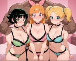 1boy 1boy3girls 3girls 3girls1boy aged_up ai_generated bangs bed bedroom belly_button black_hair blonde_hair blossom_(powerpuff_girls) blue_eyes blunt_bangs blush bow_panties bra breasts bubbles_(powerpuff_girls) buttercup_(powerpuff_girls) cartoon_network choker cleavage closed_mouth dark-skinned_male faceless_male green_eyes green_hair group hair_ribbon hand_on_another's_shoulder hand_on_shoulder head_out_of_frame heart_choker imminent_sex indoors large_breasts long_hair looking_at_viewer muscular_male navel notreallyhere orange_hair panties parted_bangs pink_eyes pink_room powerpuff_girls short_hair sisters size_difference standing sweat twintails underwear unseen_male_face