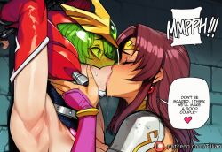 2girls ai_generated angel_blade angel_blade_(character) armor armpits blush bondage bound breasts brown_hair chained chains closed_eyes earrings english_text femdom green_eyes green_hair hand_on_another's_chin heart helmet jewelry karin_son kissing long_hair multiple_girls purple_hair restrained saliva speech_bubble sweat tillian yuri