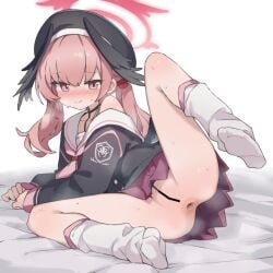 aku0 anus ass ass_focus bar_censor bed_sheet black_choker black_hat black_shirt black_wings blue_archive blush blush_visible_through_hair censored choker closed_mouth clothes_lift commentary eyes_visible_through_hair female flat_chest flower full_body hair_between_eyes hair_flower hair_ornament halo hat head_wings heavy_breathing highres hug jitome knee_up kneehighs koharu_(blue_archive) long_hair long_sleeves looking_at_viewer low_twintails lying miniskirt neckerchief no_panties no_shoes nose_blush on_side own_hands_together paid_reward_available petite pink_eyes pink_hair pink_halo pink_neckerchief pink_skirt pink_trim pleated_skirt puffy_long_sleeves puffy_sleeves pussy raised_inner_eyebrows red_flower red_rose rose school_uniform shirt simple_background single_bare_shoulder single_off_shoulder skirt skirt_lift smell socks solo spread_legs sweat tsurime twintails untranslatable_commentary white_background white_socks wings