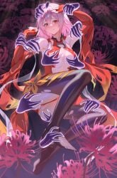absurdres areola_slip armpits bare_shoulders black_thighhighs blush breasts center_opening chinese_commentary chrysanthemum cleavage cleft_of_venus commentary_request detached_sleeves disembodied_hand elbow_gloves feet female fingerless_gloves flower flower_ornament flustered full_body gloves grabbing_another's_arm grabbing_another's_ass grabbing_another's_breast grabbing_another's_head grabbing_another's_thighs groping guilty_crown hair_between_eyes hair_tubes highres holding_another's_wrist leotard long_hair looking_at_viewer medium_breasts molestation navel nipples overlighting pink_hair pussy pussy_juice rare_lemon red_eyes red_leotard red_sheet solo spider_lily surrounded surrounded_by_hands sweat sweater thighhighs torn_clothes torn_leotard twintails white_sweater yuzuriha_inori