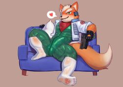 absurd_res anthro big_muscles blush bodysuit bulge clothing cydonia_xia fox_mccloud furniture genitals gun hi_res jacket male muscular muscular_male nintendo penis ranged_weapon reclining scarf simple_background skinsuit sofa solo star_fox tail tight_clothing topwear translucent translucent_clothing vein veiny_muscles veiny_penis weapon