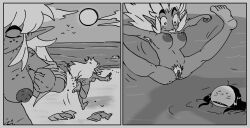 2girls 2koma areolae armpit_hair armpits autumn_(genocityzone) barefoot beach breasts comic commission_art completely_nude completely_nude_female day feet female female_only freckles genocityzone hairy_pussy jumping legs_apart monochrome nipples nude outdoor_nudity outdoors partially_submerged pubic_hair pussy rabistralha sadie_(genocityzone) smile tongue_out undressing