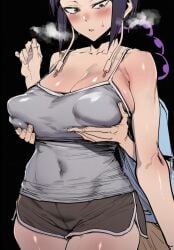 ai_assisted big_breasts blush boku_no_hero_academia huge_breasts jirou_kyouka kyoka_jiro large_breasts mineta_minoru minoru_mineta my_hero_academia purple_hair size_difference squeezing_breast squeezing_breasts steam steamy_breath
