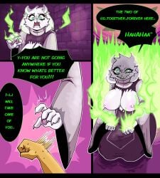 anthro big_breasts boss_monster breasts comic comic_page dialogue dialogue_bubble english_text frisk furry gallo_wazavi goat goat_mom green_text hands horrortale human inminent_rape inminent_reverse_rape page_2 part_2 partially_nude text toriel undertale undertale_(series) undertale_au