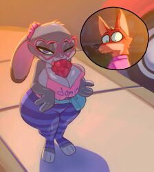 1girls 2d big_ass big_breasts bigdad cleavage clothed clothing curvaceous curvy curvy_figure disney furry glasses huge_ass huge_breasts judy_hopps large_ass large_breasts nick_wilde pants popsicle rabbit rabbit_ears rabbit_girl shirt shortstack standing striped_pants suggestive_gesture thick_thighs thighs wide_hips zootopia