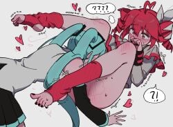 !? 2girls ? ?? ahoge aqua_hair black_nails black_skirt bottomless bow commentary cunnilingus detached_sleeves drill_hair feet grey_background grey_jacket grey_vest hairbow hatsune_miku heart highres jacket kasane_teto kasane_teto_(sv) long_hair lying miniskirt multiple_girls nail_polish on_back oral pleated_skirt red_eyes red_hair red_socks simple_background skirt socks speech_bubble stirrup_legwear synthesizer_v toe_scrunch toeless_legwear toeless_socks toenail_polish toenails twin_drills twintails user_ypdm2452 utau very_long_hair vest vocaloid white_bow yuri