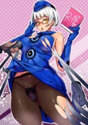 ashiomi_masato blade boots breast_press crotch_seam elizabeth_(persona) glasses gloves hate microphone navel panties panties_under_pantyhose pantyhose persona persona_3 polearm polka_dot polka_dot_background silver_hair skirt skirt_lift spear torn_clothes torn_legwear underwear weapon yellow_eyes