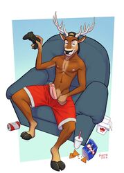 2019 anthro antlers backwards_hat bottomwear cervid chair chips_(food) clothed clothing cloven_hooves controller erection food fur game_controller genital_piercing hi_res hooves horn howz humanoid_penis looking_at_viewer male male_only mammal navel nipples penis penis_piercing piercing playstation playstation_controller prince_albert_piercing shorts sitting solo sony_corporation sony_interactive_entertainment topless video_games