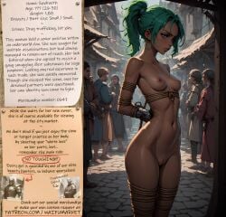 ai_generated anime bondage bounty_hunters edited fantasy female fictional green_hair market naked nude petite photoshop purple_eyes roleplay ropes skinny slave slavegirl slavery small_boobs small_breasts small_tits thin_waist waifu