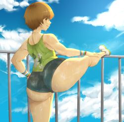 1girls ass ass_focus atlus big_ass booty_shorts brown_eyes brown_hair clothing dumptruck_ass female female_focus female_only fog from_behind huge_ass human kyokee0 kyokeer legs_up looking_back necklace nonsexual outdoors pale_skin persona persona_4 satonaka_chie short_hair shorts smile solo solo_female solo_focus sweat sweatdrop sweaty sweaty_ass sweaty_body sweaty_butt tank_top thick thick_ass thick_thighs tight_clothing tomboy working_out wristwear