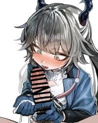 1boy absurdres arknights arknights:_endfield bar_censor black_hair blue_gloves blue_horns blue_jacket blush censored chen_qianyu_(arknights:_endfield) commentary cum cum_on_body cum_on_hands dragon_girl dragon_horns female gloves grey_hair handjob highres horns jacket long_sleeves male_pubic_hair open_mouth penis pov pubic_hair shirt simple_background straight suitshark twintails white_background white_shirt yellow_eyes