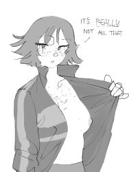 1girls aquaaboveland casual casual_exposure casual_nudity dialogue english_text female female_focus female_only flashing flashing_breasts freckles freckles_on_breasts freckles_on_chest freckles_on_face human human_only jacket kim_pine looking_at_viewer monochrome no_bra nude_underneath scott_pilgrim showing_one_breast small_breasts talking_to_viewer text twitter_link white_background