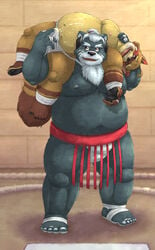 2019 anthro aotoaka belly black_fur blush bodily_fluids brown_fur canid canine clothing cum cum_on_stomach duo fundoshi fur genital_fluids hi_res humanoid_hands japanese_clothing male male/male mammal moobs nipples overweight overweight_male raccoon_dog sumo tanuki teeth tongue underwear ursid