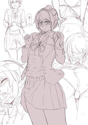 anal anal_penetration anal_sex ass blush bulge crossdressing doki_doki_literature_club erection_under_clothes erection_under_skirt femboy from_behind from_behind_position girly just_sayori kaxiota looking_at_viewer male monochrome penis_under_clothes penis_under_skirt rough_sketch sayori_(doki_doki_literature_club) short_hair shy skirt speech_bubble tongue tongue_out trap