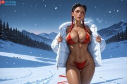 1girl ahegao_ai ai_generated apex_legends at bikini black braid braids breasts brown choker cleavage clothes coat collarbone dark dark-skinned eyeshadow female forehead forest fur gap gold gradient hair jacket large loba_(apex_legends) long looking makeup multicolored nature navel open outdoors patreon red skin snow snowing solo stomach streaked swimsuit thigh thighs trim twin username viewer white winter