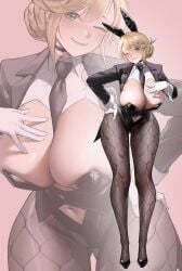 absurdres ade_(agent_bunny)_(nikke) ade_(nikke) animal_ear_hairband animal_ears between_breasts black_jacket black_leotard black_necktie black_pantyhose black_shoes blonde_hair blush braid breasts bun_with_braided_base bunny_ears bunnysuit closed_mouth clothing_cutout commentary detached_collar english_commentary fake_animal_ears female female_only fishnet_pantyhose fishnets full_body gloves goddess_of_victory:_nikke green_eyes hair_between_eyes hair_bun hairband hand_on_own_chest hand_on_own_hip high_heels highleg highleg_leotard highres jacket large_breasts leaning_forward leotard long_sleeves looking_at_viewer navel navel_cutout necktie necktie_between_breasts official_alternate_costume one_eye_closed pantyhose rabbit_ear_hairband rabbit_ears shoes sidelocks smile solo standing swept_bangs undersized_breast_cup white_gloves white_wrist_cuffs wrist_cuffs zoom_layer zukululuu