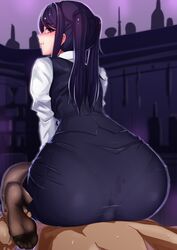 1boy 1girls ass ass_in_dress big_ass black_hair female_on_top huge_ass imcey julianne_stingray large_ass looking_back looking_behind panties_visible_through_clothing pantyhose pantylines red_eyes skirt sweat under_clothes va-11_hall-a