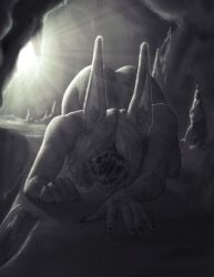 1girl ass ass_up big_ass big_ears cave claws crawling creepy female hole_(anatomy) horror light looking_at_viewer monster monster_girl nightmare_fuel nightmare_waifu no_eyes nude nude_female numiv2 sharp_teeth top-down_bottom-up trypophobia