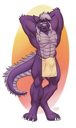 2019 abs animal_genitalia anthro bulge canid canine clothing dragon hair hi_res howz hybrid loincloth looking_at_viewer male male_only mammal muscular muscular_male navel nipples pecs penis_outline pose sheath solo standing