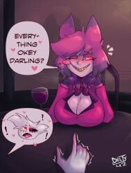 belty42 rule_63 alastor_(hazbin_hotel) angel_dust_(hazbin_hotel) tentaclejob ahe_gao ahegao under_the_table under_table usagi_star big_breasts sweat large_breasts dialogue teasing
