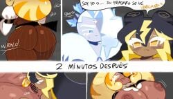 2girls ass ass_focus blush blush_lines breasts capitanazo576 censored censored_pussy cookie_run cookie_run_kingdom cookie_run_ovenbreak cunnilingus dialogue female_only frost_queen_cookie hyper hyper_ass hyper_breasts long_hair spanish_text stormbringer_cookie tagme timekeeper_cookie yellow_eyes yellow_hair yuri