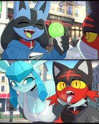 1girl 1girls 2boys anthro arzyparzy black_and_red_hair black_fur blue_fur blue_jacket blue_tongue blush blushing canine cat clothed collar dessert digital_drawing_(artwork) digital_media_(artwork) eeveelution felid glaceon gray_shirt green_tongue implied_licking implied_oral litten lucario mammal nintendo pokemon pokemon_(species) red_fur snow_cone tagme tongue tongue_out white_shirt yellow_eyes