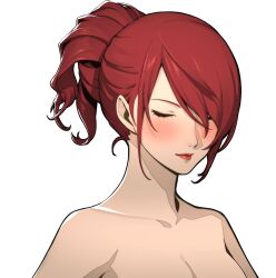 1girl 1girls accurate_art_style alternate_hairstyle asian atlus bare_shoulders big_breasts blush breasts breasts_out cleavage closed_eyes closed_mouth completely_nude curvy edit edited exposed_breasts female female_only hair_bun hair_over_one_eye hi_res human large_breasts light-skinned_female light_skin long_hair megami_tensei mitsuru_kirijo mitsuru_portrait_edit naked nude nude_female official_style out_of_frame pale-skinned_female pale_skin persona persona_3 persona_3_reload ponytail red_eyes red_hair sega shy skinny slim smile smiling solo solo_female transparent_background