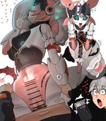 1boy 1girls angels_of_delusion aria_(zenless_zone_zero) aria_(zenless_zone_zero)_(robot_form) bar_censor breasts censored commentary_request cum female fertilization green_eyes heart highres humanoid_robot impregnation internal_cumshot joints mechanical_arms mechanical_legs medium_breasts ovum penis pillow robot robot_girl robot_joints sex ssoog straight usb vaginal_penetration wise_(zenless_zone_zero) wombforce zenless_zone_zero