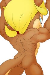 anthro antoine_d'coolette ass back_view blonde_hair blue_eyes brown_fur canine coyote flexing looking_at_viewer male male_only muscular raccoonshinobi smirk solo sonic_(series) tan_fur