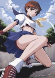 1girls brown_eyes brown_hair female panties pantyshot pantyshot_(squatting) red_panties red_underwear sakura_kasugano school_uniform schoolgirl seifuku short_hair street_fighter street_fighter_alpha street_fighter_v underwear upskirt